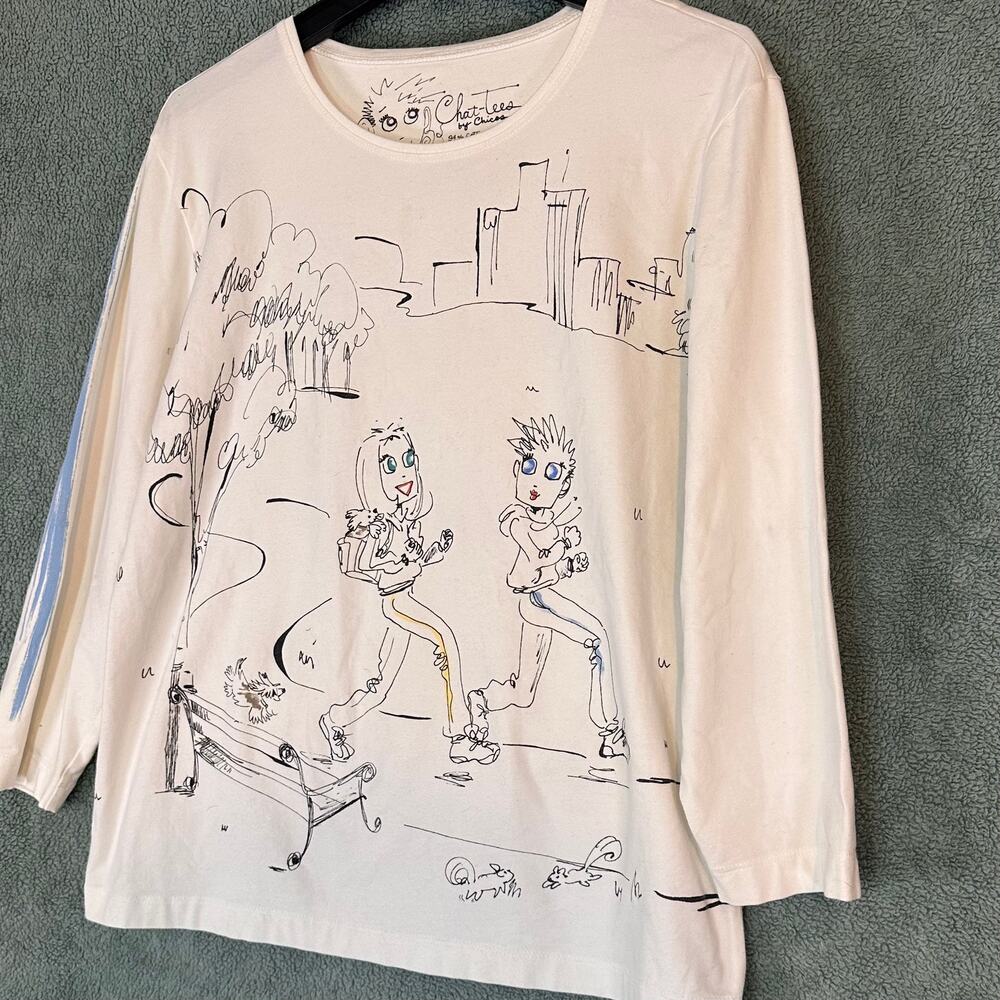 Chico's Chat Tees Graphic Art Top Size 2( SZ XL) Bicycle Park Scene Shirt - Picture 2 of 8